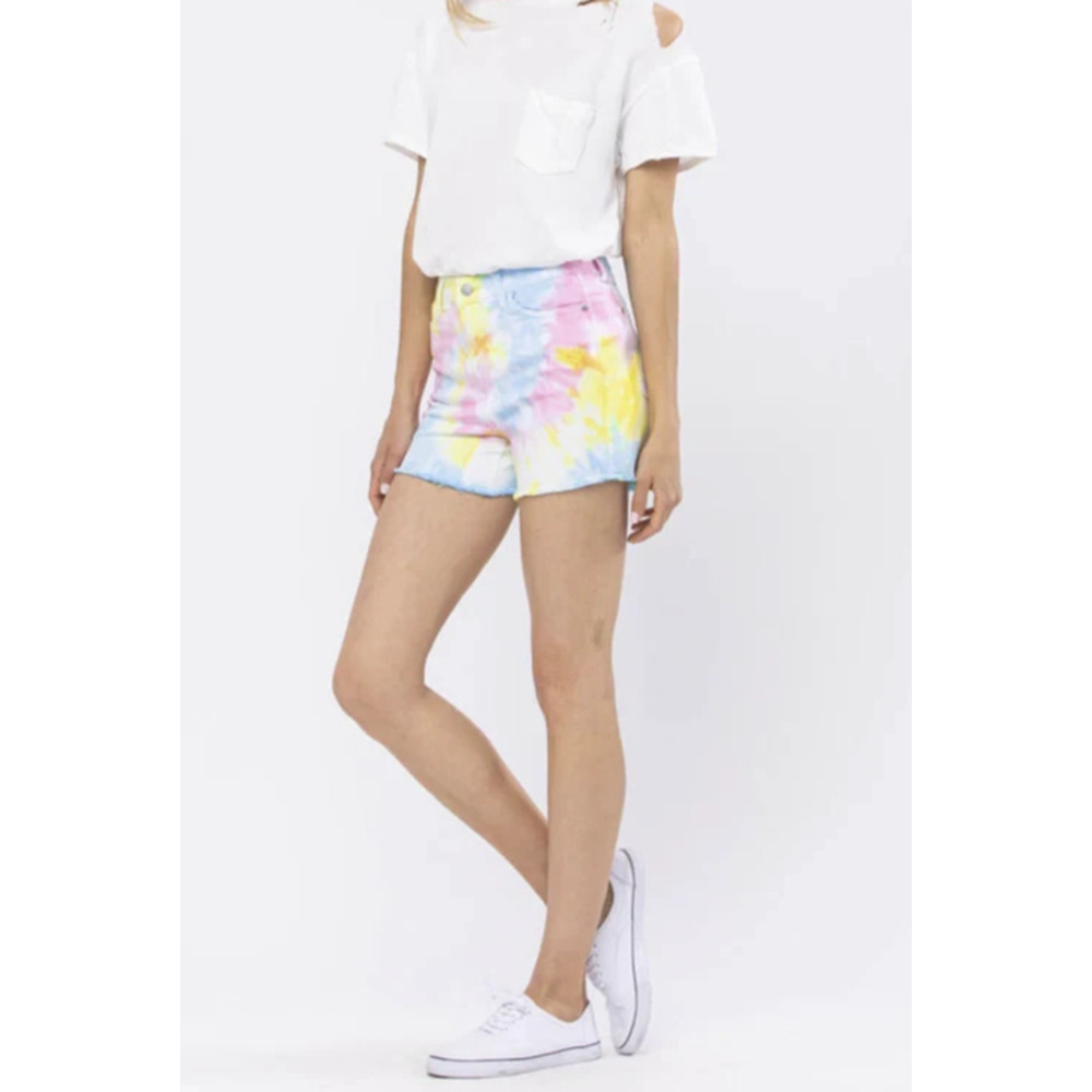 ✨2/$20 Judy Blue Swirl Tie Dye Raw Cut Off Denim Shorts Large Summer Festival - Picture 5 of 16